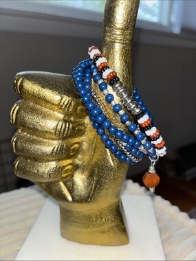 Multi-Strand Blue Beaded Wrap Bracelet with Orange Accent